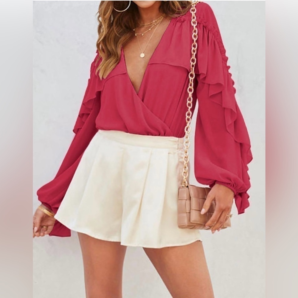 Skyler Rose Long Sleeve Wrap V Neck Ruffle Bodysuit Jumpsuit Sexy Drape Blouse
